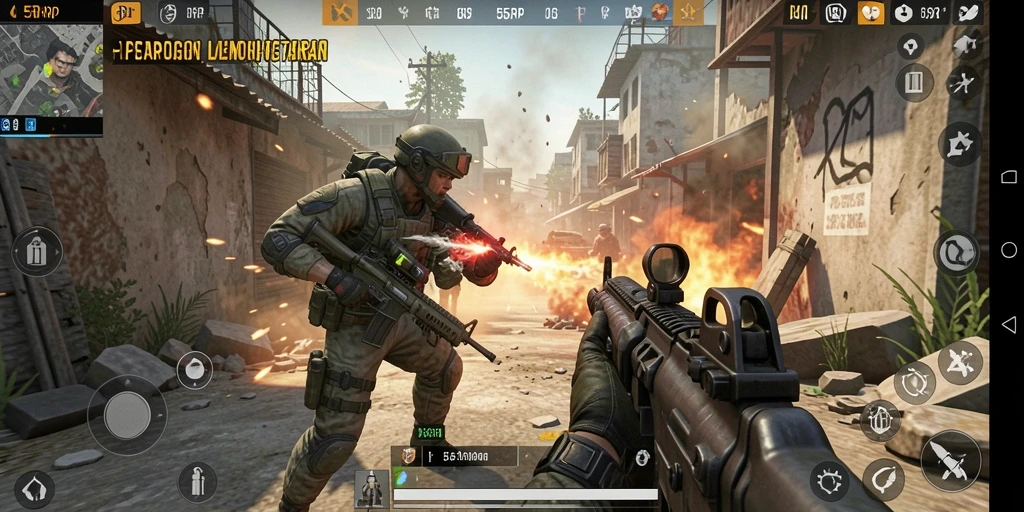 Gameplay mendebarkan dalam <strong>55RP</strong> dengan pertempuran FPS yang intens.