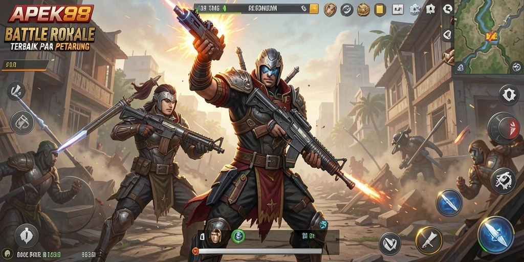 Screenshot gameplay APEK88 menampilkan aksi seru di arena Battle Royale.