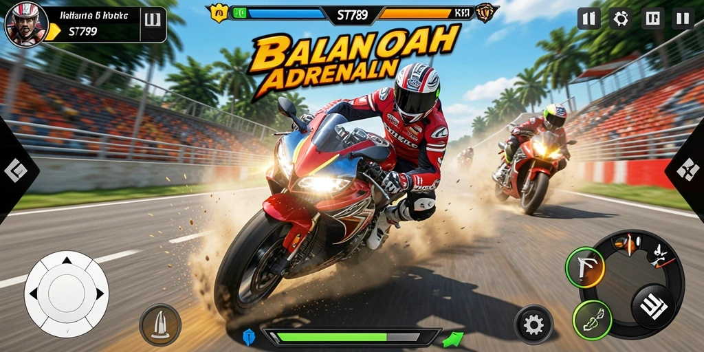 Screenshot gameplay ST789 menampilkan balapan motor yang mendebarkan.