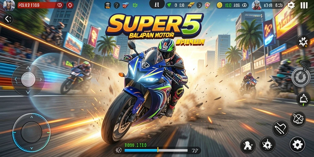 Gameplay balapan motor yang seru dan mendebarkan di SUPER5.