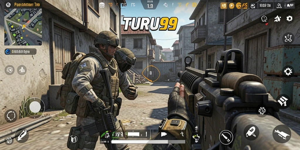 Tampilan aksi seru dalam game FPS TURU99 yang mendebarkan.