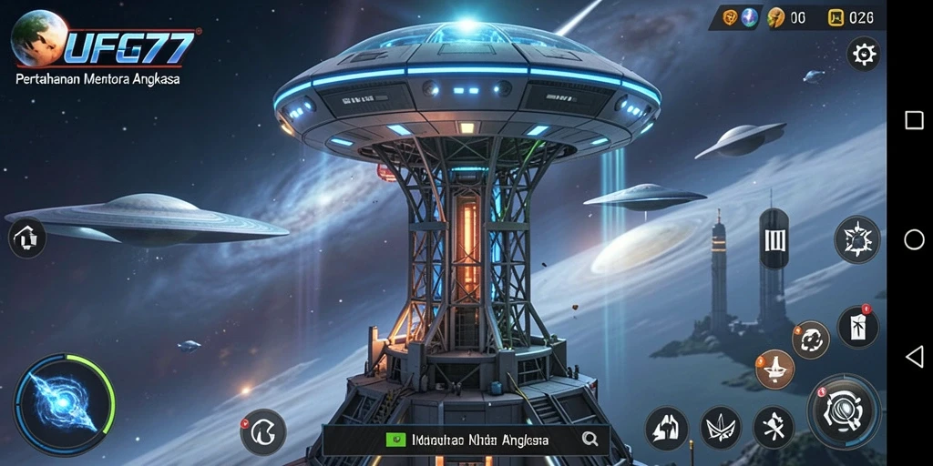 Tampilan gameplay menara pertahanan dengan aksi seru dalam UFO77.
